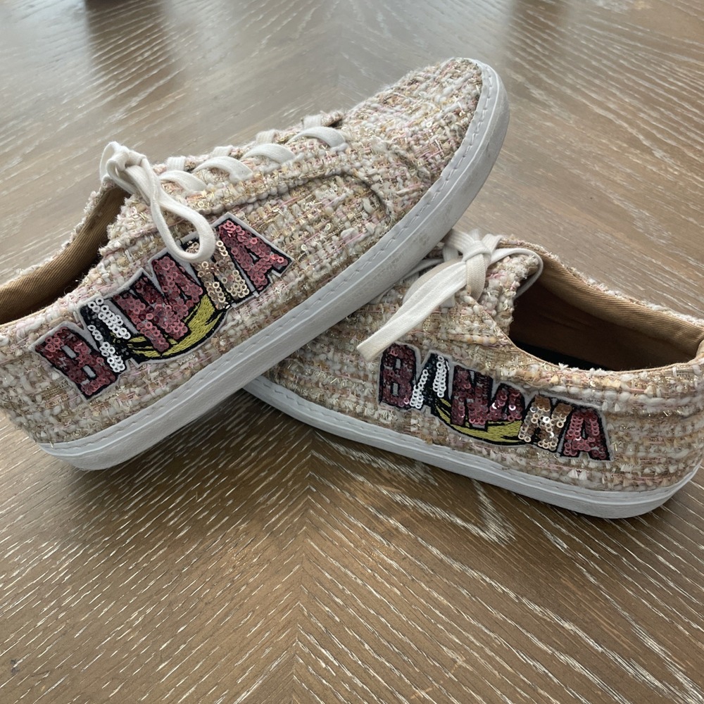 Zara TRF Women Banana Sequinned Tweed Plimsolls Low Top Sneakers Beige‎ w/pink 8